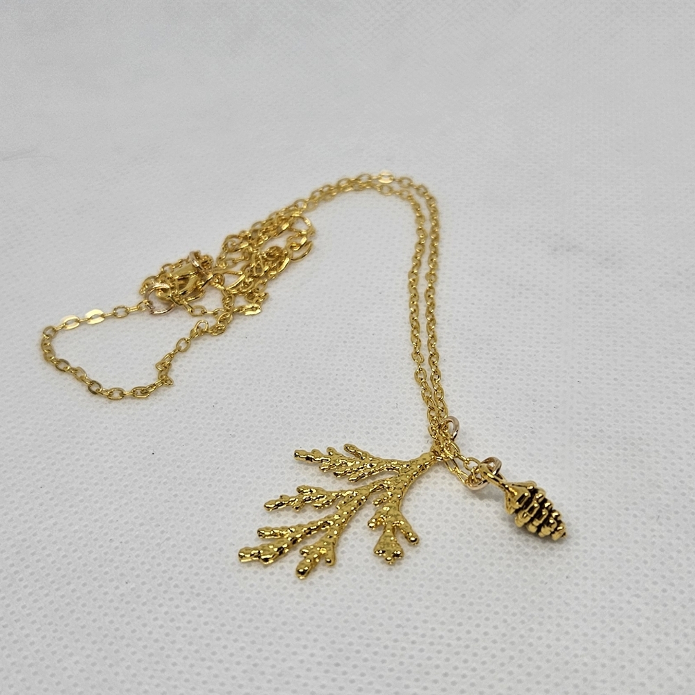 Cedar branch and cone necklace,  golden tone.   New